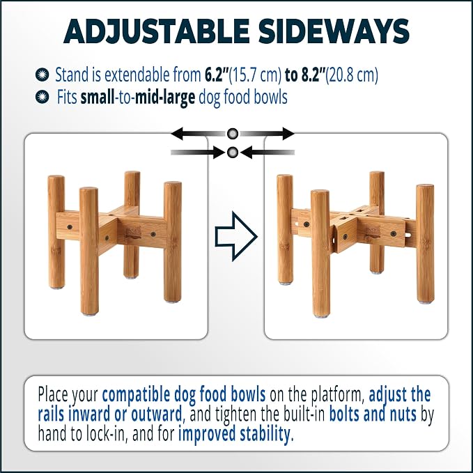 Dog Bowl Stand for Small-to-Medium Dogs - Adjustable | Use to Elevate Raise Dog Food, Water and Slow Feeder Bowls, Lock-Bolts and Tool Added, Foot-Padded, Bamboo Stand Only - Image 6