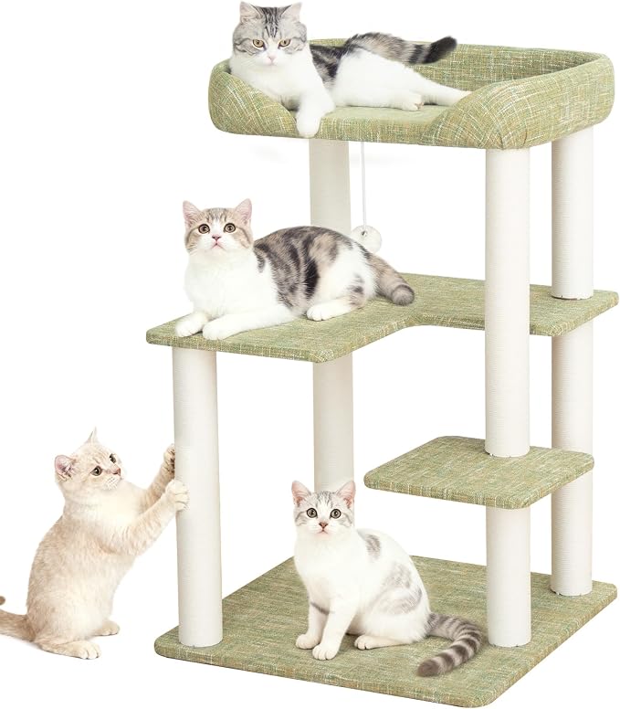 Cat Tree Tower 37.4'' (95 cm) with Scratching Posts,Multi-Level Cat Tree Tower with Wide Shelves for Senior Friendly Baby/Large Cats, Scratching Posts(Olive Green) by LULUCATcattree