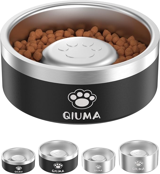 Qiuma Slow Feeder Dog Bowl Stainless Steel, Food-Grade 304 Metal Dog Slow Feeder Bowl 2 Cups Capacity, Heavy Duty Double-Layer with Non-Slip Base, Pet Puzzle Bowls for Small & Medium Dogs (Black) by Unknown
