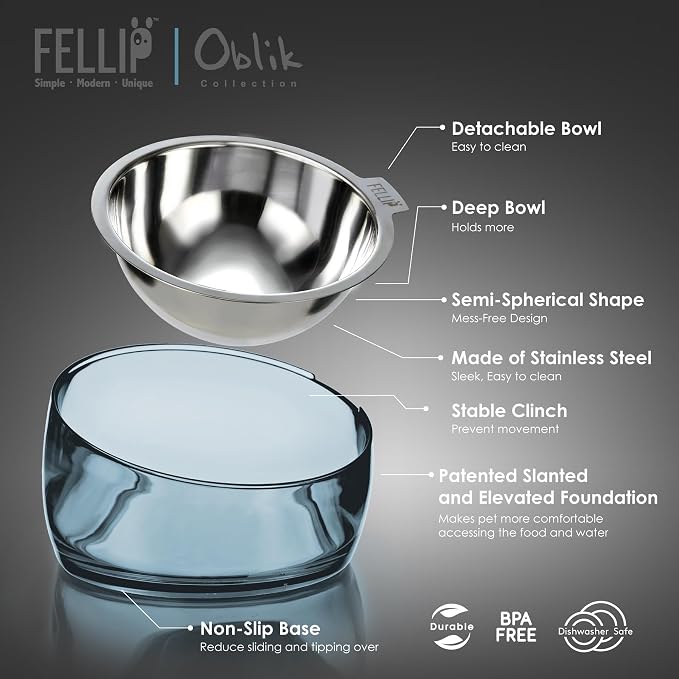 Felli Pet Oblik Acrylic Raised Dog Food Water Bowl Stainless Steel Slanted Oval Dish for Short Leg Puppy & Small Medium Pet, Elevated Tilted Metal Feeder (Shadow, 1.5 Cups Oval Dish) - Image 3
