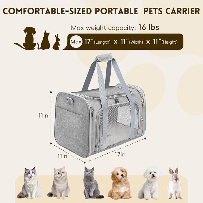 Cat Carrier Soft, Dog Carriers for Small Dog/Large Cat (Up to 16lb) | with High Breathability, Shoulder Strap, Waterproof Mat, Pet Carrier Airline Approved, for Home Outdoor Travel (Gray) - Image 2