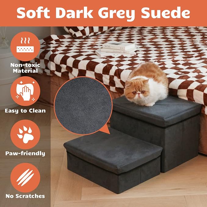 Foldable Dog Stairs with Storage | 2-Step Non-Slip Pet Steps for High Beds and Couch, Hidden Storage Dog Ladder for Small & Medium Dogs, Cats, Grey - Image 3