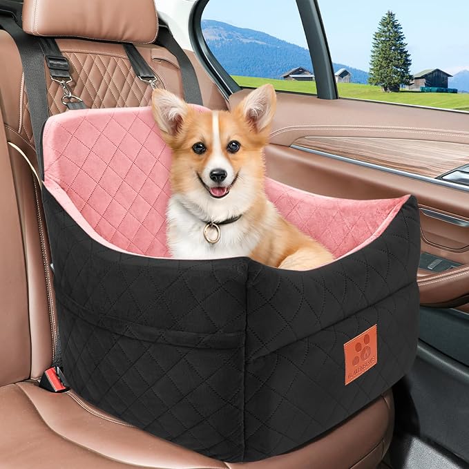 GL GLENSLAVE Dog Car Seat for Small/Medium Dogs, Dog Booster Car Seats with Thick Cushion for Dogs Under 35 lbs, Detachable Washable Pet Carseat with Storage Pockets, 2 Safety Belts(Black/Pink) - Image 6