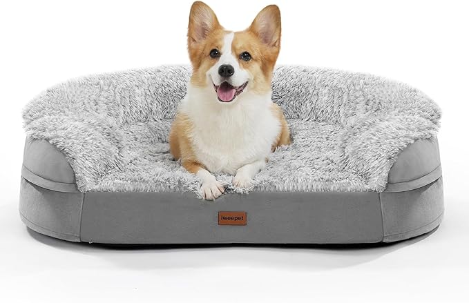 3.7 inch Thickened Orthopedic Dog Beds for Medium Dogs, Supportive Dog Sofa Bed with 28D Egg-Crate Foam, Removable Washable Plush Cover, Waterproof Lining, Half-Round Design for Puppy,Senior Dog by iweepet