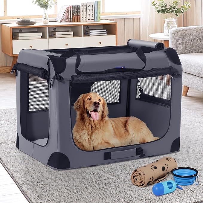 Petprsco Collapsible Dog Crate, 40 inch Portable Dog Crates for Large Dogs | Large Soft Foldable Dog Crate & Kennel for Travel, 3-Door with Sturdy Steel Frame & Durable Mesh Windows, Indoor/Outdoor - Image 6