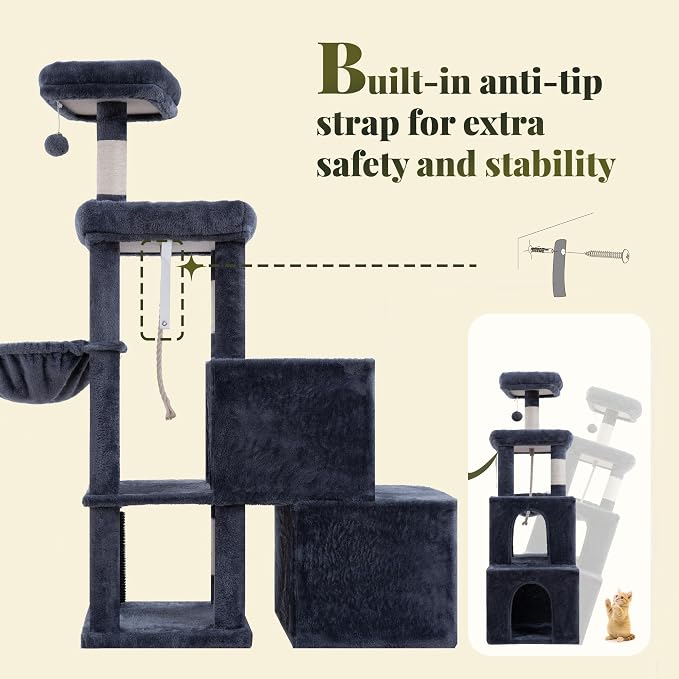Hey-brother Cat Tree Tower with Steped Climbing Condos, Platforms, MPJ061G | 51.2 Inches Scratching Posts with 2 Spacious Condos, Self-Grooming Brush, Cozy Basket, Balls for Indoor Cats, Smoky Gray - Image 9