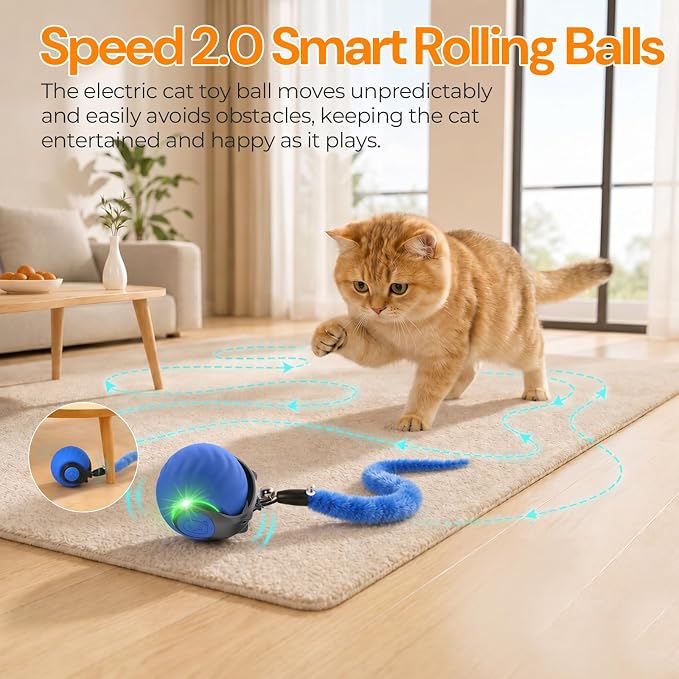 Interactive Cat Toys with Bird Sounds & 3 Speed Modes for Indoor Cats Play | Bird Sounds, 3 Speed Modes, Rechargeable Automatic Rolling, 3 Tails, Fast Charging Ball, For Indoor Cats on Hard Floor Carpet - Image 7