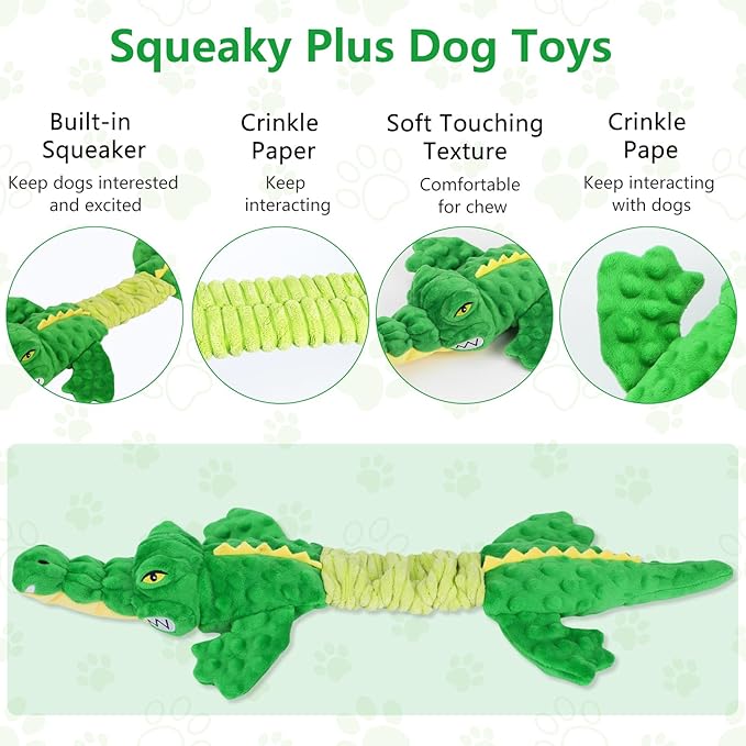 Letsmeet Large Squeaky Alligator Dog Toys, Interactive Puppy Toys with Crinkle Paper, Pull Tug of War Dog Toy, Plush Dog Chew Toys for Small, Medium, Large Breed - Image 2