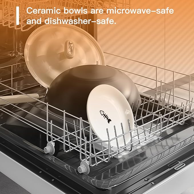Shallow Elevated Cat Bowls, 2, White (Fish Bone), Bamboo Stand | 5.9 Inch Wide, Ceramic Dishes, Whisker Friendly, Raised Pet Food, Adjustable - Image 7
