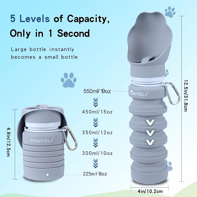 Dog Water Bottle Collapsible & Portable Squeeze, 9oz-17oz Water Dispenser & Folding Bowl,5 Levels Capacity in 1,Carabiner Clip,100% Food-Grade Silicone, Outdoor Walking,Hiking,Travel | Five adjustable capacities, leak-proof design, and BPA-free silicon... - Image 6