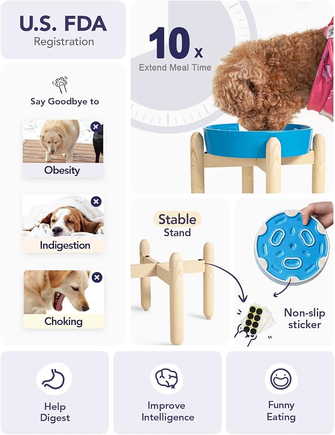 LE TAUCI Ceramic Slow Feeder Dog Bowls Elevated, 3 Cup Raised Bowl with Wooden Stand for Medium Large Breed, Slow Down Eating, Puzzle Dog Food Bowl,Vortex Blue - Image 3