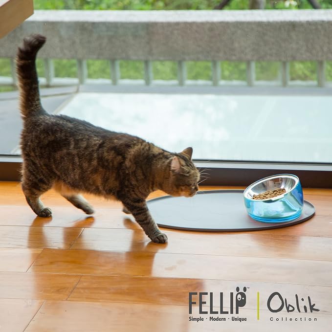 Felli Pet Oblik Whisker Fatigue Cat Food Bowl Raised Stainless Steel Shallow Dish, Pet Design Anti Vomit Tilted Metal Plate Feeder Elevated Acrylic Base(Sapphire, 0.5 Cups Shallow Dish) - Image 5