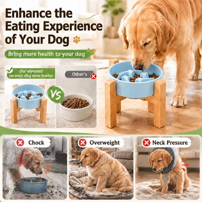 Elevated Ceramic Slow Feeder Dog Bowls Anti-Choking Slow Feeding for Small&Medium Size Anti-Slip Non-Lead & Toxic Durable Easy to Clean Maze Slow Feeder Bowl（8.26in Mint Blue Stars Pattern） - Image 4