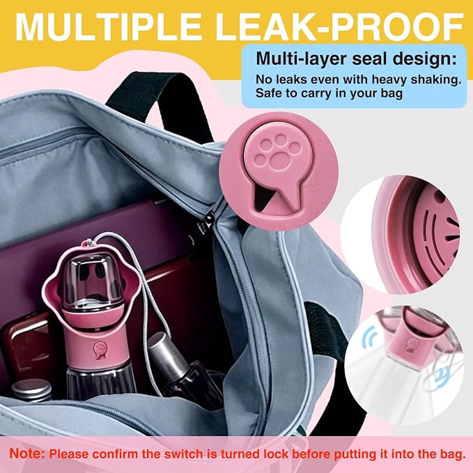 Dog Water Bottle with Food Container, Portable Pet Dispenser, Leak Proof, Hiking, Puppy Travel, Outdoor Activities(18.6 fl.oz/550ml, Pink) - Image 4