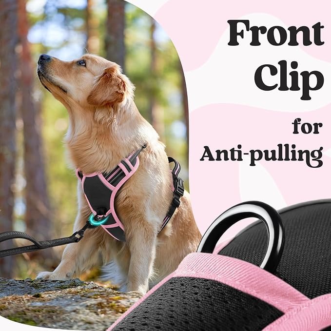 rabbitgoo Dog Harness Small Sized, Updated Easy On & Off with 3 Buckles | No Pull No Choke, Walking with 2 Clips and Handle, Adjustable Soft Reflective, Black & Pink, Small - Image 6