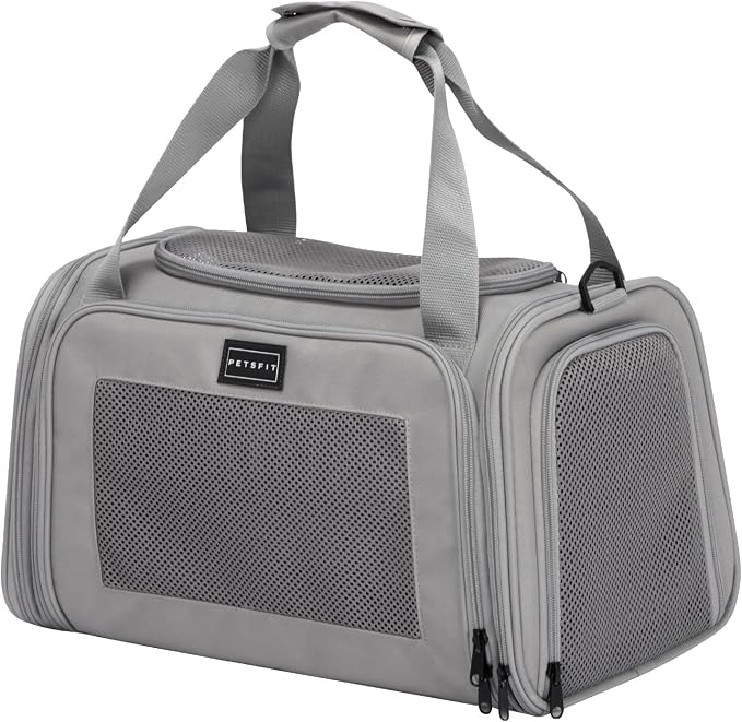 PETSFIT Cat Carrier, Grey, Small and Medium Cats Under 12 Lbs | Airline Approved, Soft Carrier, Soft Cat Travel Bag, Kitten Carrier with Extendable Mat by Petsfit
