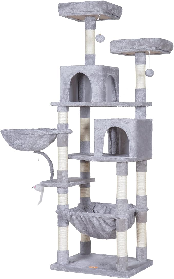 Heybly Cat Tree, 70 inches Tall Cat Tower for Indoor Large Cats HCT032W | Big Cat Condo with Toy , Cat House Furniture with Padded Plush Perch, Cozy Hammock and Sisal Scratching Posts, Light Gray - Image 9
