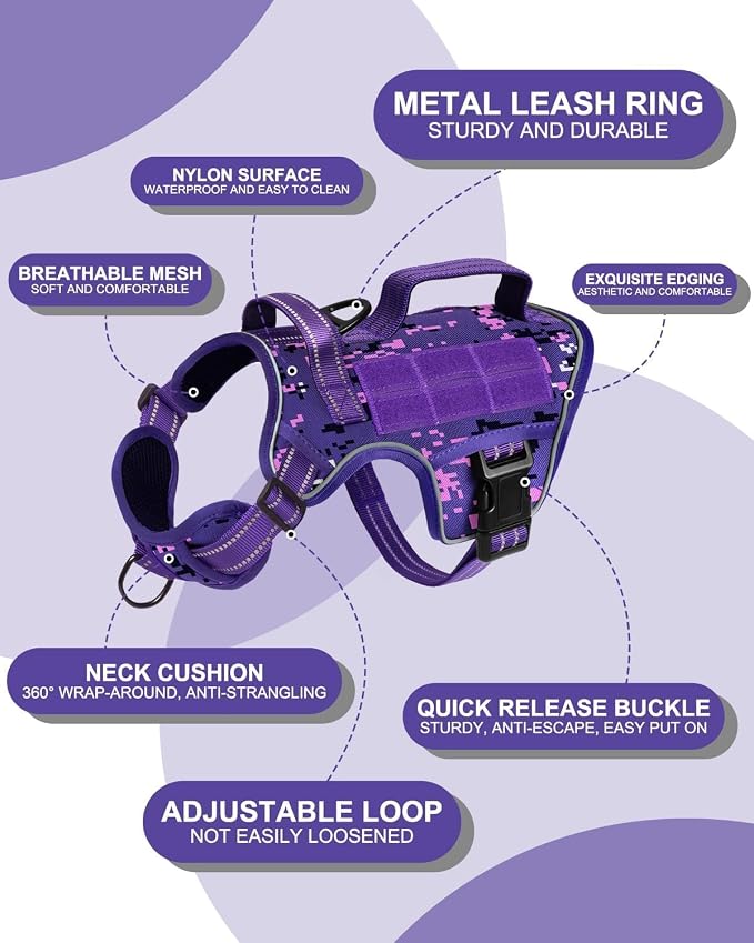 Dog Harness Medium Sized Dog, No Pull Dog Vest with Molle System | Tactical, Easy Control With Handle, Breathable Soft Padded, Adjustable, Reflective, No Choke for Walking, Purple Camo Medium - Image 6