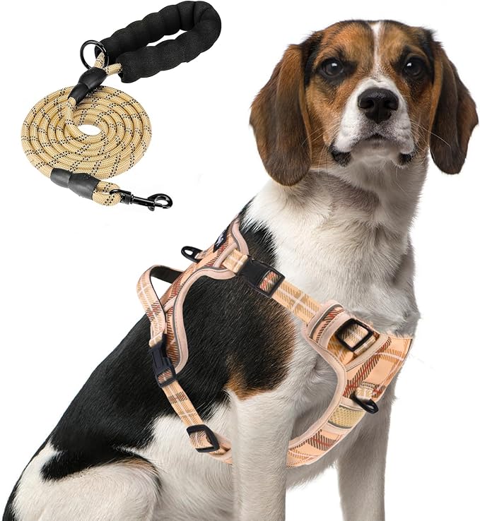 PUPTECK No Pull Dog Harness Medium Sized, Adjustable Reflective Dog Harness with Handle Easy Control, Comfortable Soft Padded Pet Vest Harness for Medium Dogs, Plaid Beige M by PUPTECK