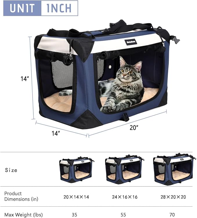 Large Cat Carrier, Collapsible Dog Travel Crate Portable Soft-Sided Pet Carrier with Super Soft Warm Plush Mat for Indoor and Outdoor 20x14x14in,Navy Blue - Image 4