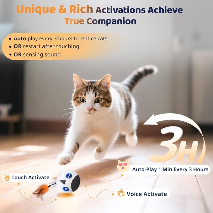 Cat Toys Ball, Smart Motion Sensor Moving Ball with 4 Sounds& 3 Speed Modes | Interactive Automatic Cat Toy for Indoor Cats,Fast Rolling Motion Activated Chirping Stimulating Light, 2 Feather Refill - Image 2