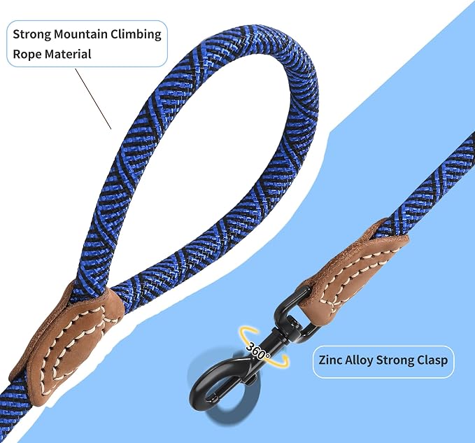Mile High Life Dog Leash with Genuine Leather-Wrapped Ends, 4/5/6FT | Tangle-Free 360° Swivel Clasp Heavy Duty Rope Leash | Small Medium Large Dogs | Daily Walking (Blue, 60 Inch, 1/2") - Image 5