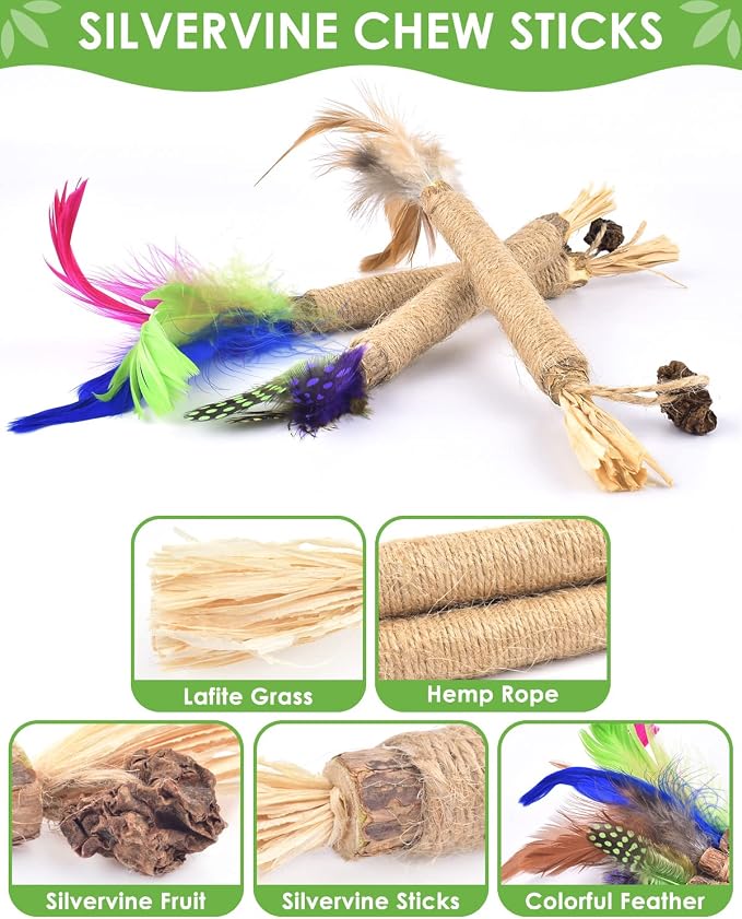 TINDTOP Silvervine Sticks for Cats with Natural Feather, Catnip Chew Toys | for Kittens Teeth Cleaning, Increase Appetite, Calm Cat Anxiety and Stress, Cat Dental Toy, 3 Pack - Image 3