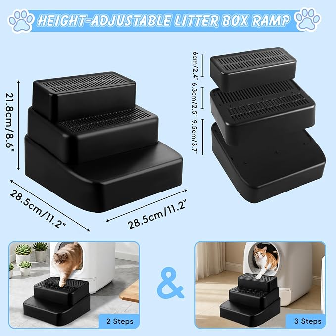 3 Step Litter Box Ramp Adjustable Detachable Litter Box Step, Black - Image 2