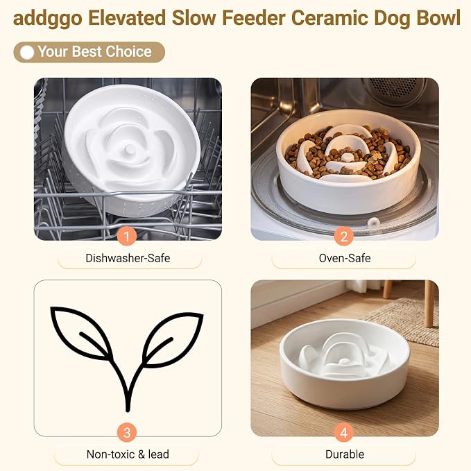 Elevated Ceramic Slow Feeder Dog Bowls Anti-Choking Slow Feeding for Small&Medium Size Anti-Slip Non-Lead & Toxic Durable Easy to Clean Maze Slow Feeder Bowl（8.26in White Flower Pattern） - Image 4