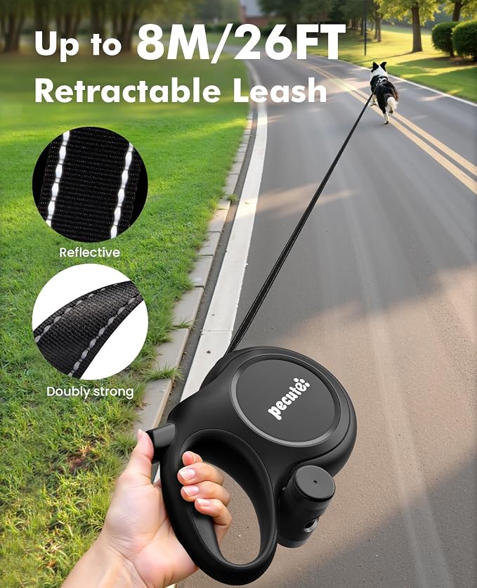 Pecute Retractable Dog Leash 26ft with Chew Proof Extender for 33-110 lbs | Heavy Duty Dog Leash Retractable for Large Biter with Poop Bag Holder, Anti-Slip Grip, Reflective, 360° Tangle-free - Image 2