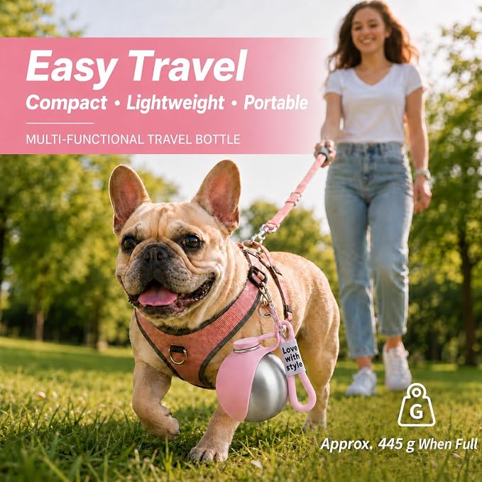 Portable Pet Dog Water Bottle with Silicone Collapsible Bowl, 10 oz Pink | Stainless Steel Pet Travel Dispenser with Rope | Dogs on Walks Hiking Accessories | Puppy Small Pets Essentials - Image 3