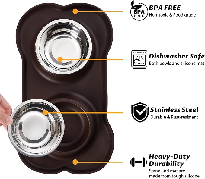 Hubulk Pet Dog Bowls 2 Stainless Steel Dog Bowl with No Spill Non-Skid Silicone Mat + Pet Food Scoop Water and Food Feeder Bowls for Feeding Small Medium Large Dogs Cats Puppies (X- Large, Chocolate) - Image 2