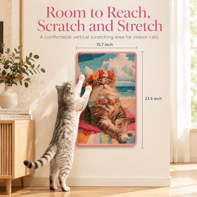 Art Sisal Cat Scratcher Mat, Cat Wall Scratchers for Indoor Cats | Wall Mounted Cat Scratcher, Natural Sisal, No-Drill Hook & Loop Setup, Floor or Wall Use, 23.6 x 15.7 Inch, Beach Cat - Image 2