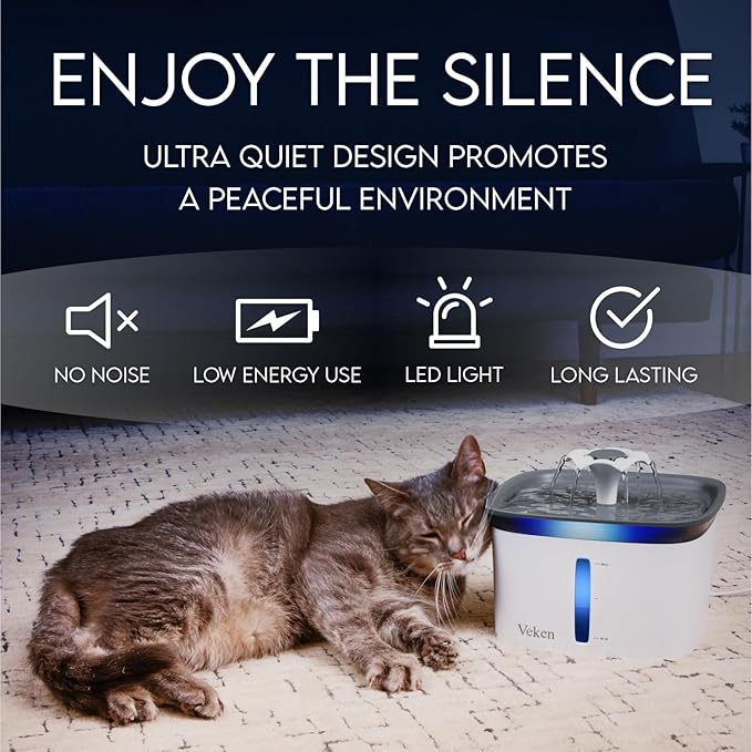 Veken Innovation Award Winner 95oz/2.8L Cat Water Fountain | Automatic Pet Fountain Dog Water Dispenser with Replacement Filters & Silicone Mat, Gift for Cats, Dogs (Grey, Plastic) - Image 6