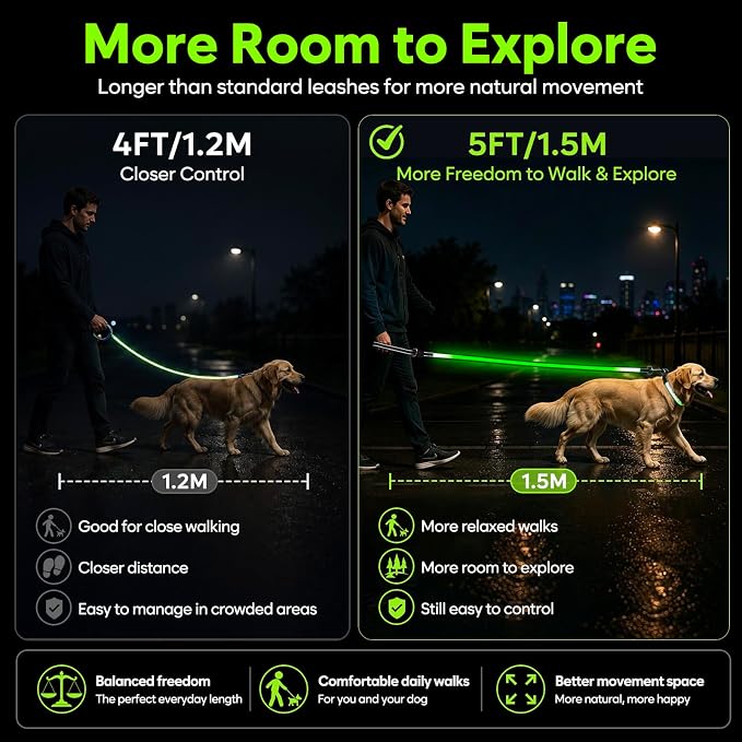 5 Ft LED Dog Leash, Light Up & Lighted Dog Leash, 7 Lighting Modes, Glow in The Dark, Reflective, Double-Sided Light, Rechargeable with Padded Handle for Night Walking Safety, Small to Large Pets - Image 3
