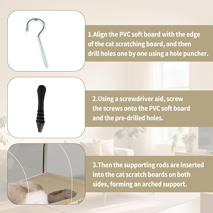 3 Function in 1 Cardboard Cat Scratcher Board, 31.5 in Cat Scratcher House, Cat Scratchers for Indoor Cats, Arched Cats Scratch Pad As Cat Bed, Cat Tunnel for Sleep, Grind Claws (Beige) - Image 6