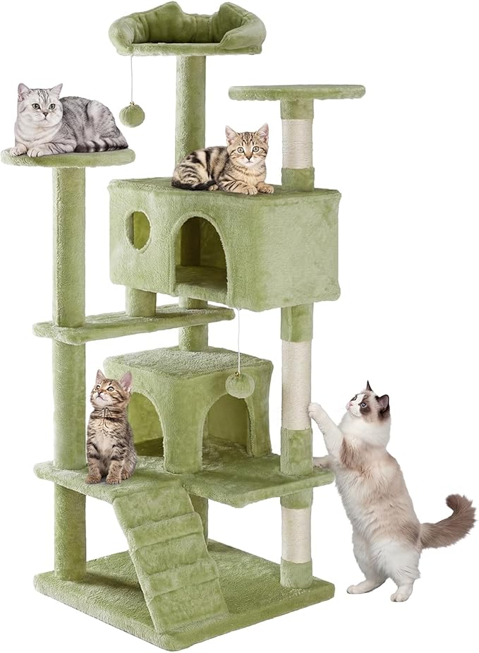 Sweetcrispy 54-inch Cat Tree Tower with Scratching Posts, Indoor Use | Multi-Level Indoor Cat Tree Condo with Climbing Ladder, Plush Toy, Play House for Kitten, Green by Sweetcrispy
