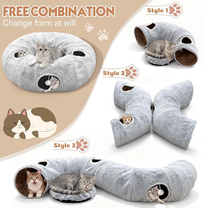 4-Holes Cat Tunnels for Indoor Cats, Plush Donut Cat Bed Tunnel Grey | Large Cat Bed Cave, 11 Cat Toys Gift, Very Soft and Lightweight, Cat Cave Hideout, fits Multiple Cats, Kitten, Puppy, Rabbit - Image 3