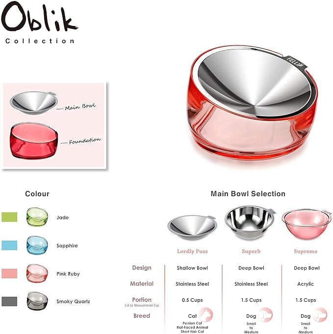 Felli Pet Oblik Acrylic Raised Dog Food Water Bowl Stainless Steel Slanted Oval Dish for Short Leg Puppy & Small Medium Pet, Elevated Tilted Metal Feeder(Pink, 1.5 Cups Oval Dish) - Image 6