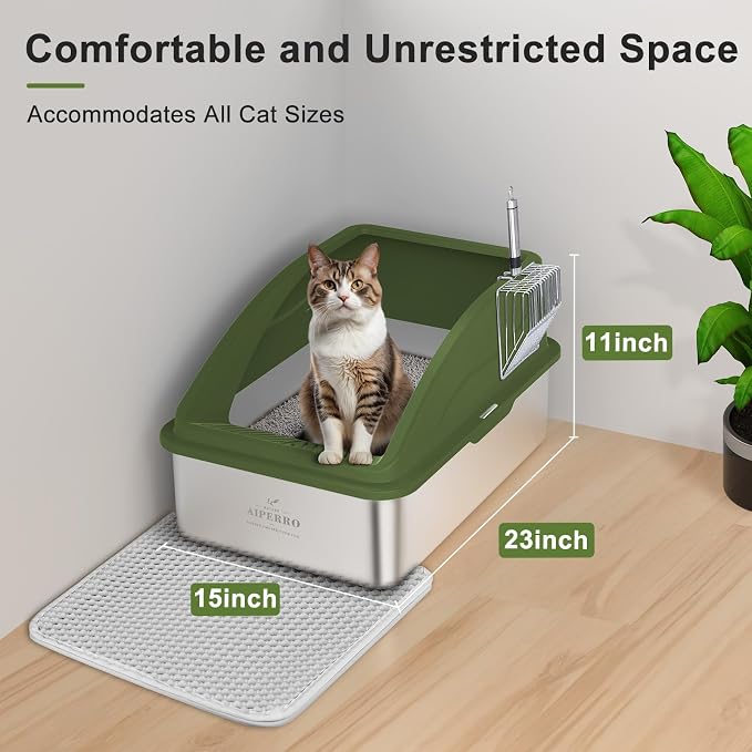 AIPERRO Stainless Steel Litter Box | XL Enclosed Metal Cat Litter Boxes | High Sided with Lid for Big Cats | Anti-Urine Leakage | Non-Stick Bottom & Includes Litter Mat & Metal Scoop (Olive Green) - Image 7