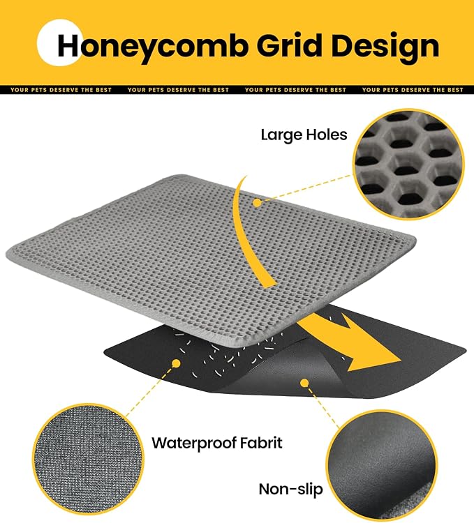Cat Litter Trapping Mat, 27"x19" Universal Fit Litter Box Floor Mat, Hexagon Grids & Anti-Leak Base, Machine Washable, Non-Slip Kitty Mat for Most Homes, Gray - Image 4