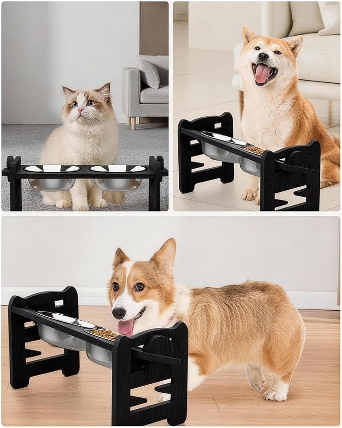 Jovrun Elevated Dog Bowls, Adjustable Raised Dog Bowl Stand for Small Size Dogs and Cats, 15°Tilted Elevated Cat Bowls, Durable Bamboo Dogs Feeder with 2 Stainless Steel Bowls and Non-Slip Feet - Image 7