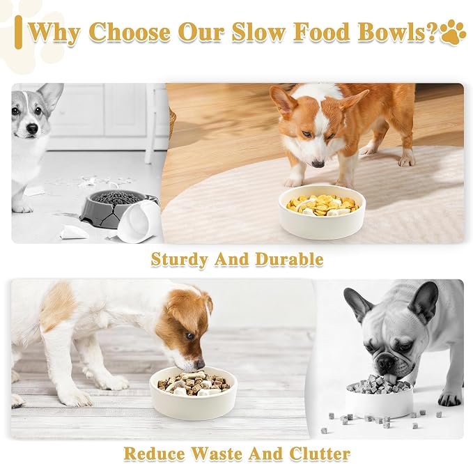 Ceramic Slow Feeder Dog Bowls, 0.6 Cups Dog Food Dish for Small Breed | Puzzle Dog Food Bowl for Fast Eater, 15OZ, 6.3 inch (Beige) - Image 7