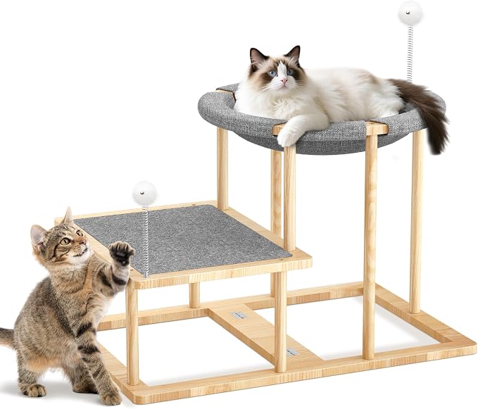 Pawaboo Elevated Cat Hammock Bed, 2-Tier Cats Bed with 2 Teasers | Wooden Cats Furniture with Kitten Scratching Mat, Double Cat Beds Interactive Stair Shaped Pet Hammock for Indoor Climbing by Pawaboo