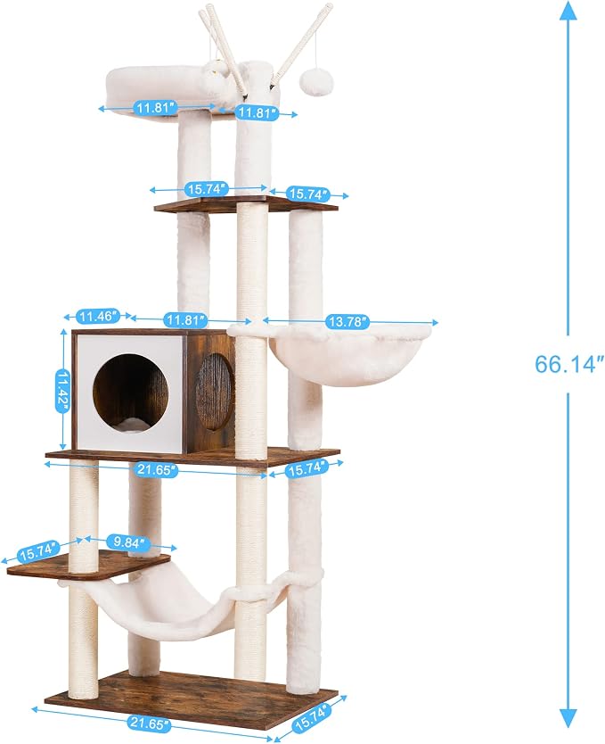Hey-brother Wooden Cat Tree Tower with Hammock for Indoor Cats, MPJ120SR | 66.14 Inches Modern Scratching Post with Large Condo, Plush Top Platform, Cozy Basket, Bed, Hanging Toys, Rustic Brown - Image 3