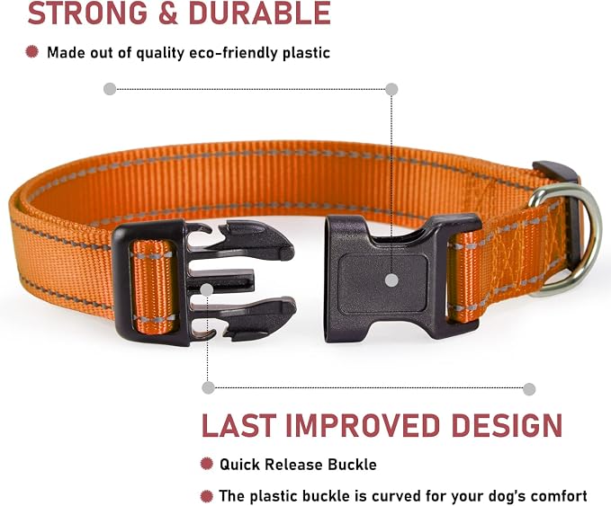 Reflective Dog Collar with Buckle Adjustable Safety Nylon Collars for Small Medium Large Dogs, Orange M | No Chafing on Walks and Outdoor Hikes, Metal D-Ring, Night Safety - Image 2