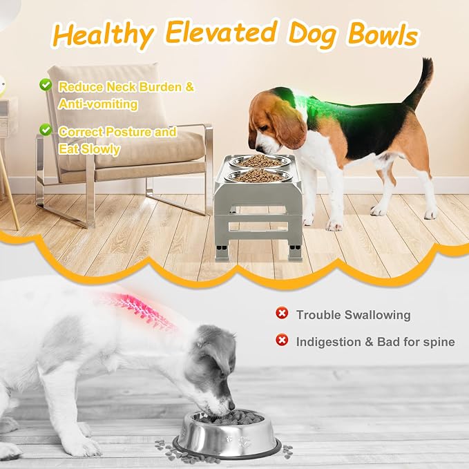 Elevated Dog Bowls 3 Height Adjustable Raised Bowl Stand with 25oz Stainless Steel Dog Food Bowls Anti-Slip for Small Dogs Adjusts to 7.5", 6", 2.75", Grey - Image 3