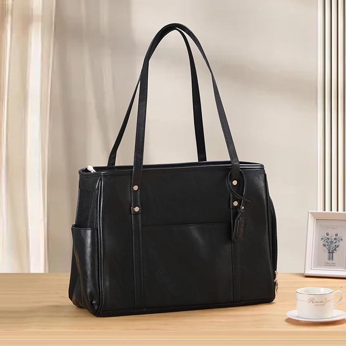 Fashion Dog Carrier Purse, Premium Leather Cat Carrier Bag, Airline Approved Soft Sided Pet Travel Tote Bag with Pockets Black - Image 6