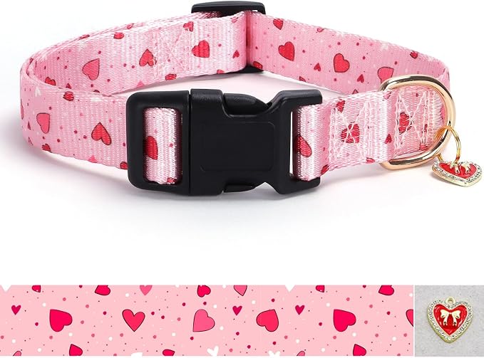 Pink Heart with Pendant Cute Dog Collar for Small Medium Large Dogs, L | Ligth Adjustable Nylon Puppy Collar for Boy and Girl Female, Distinctive Patterns, Comfortable for Walks and Outdoor Hikes by BOOMIBOO
