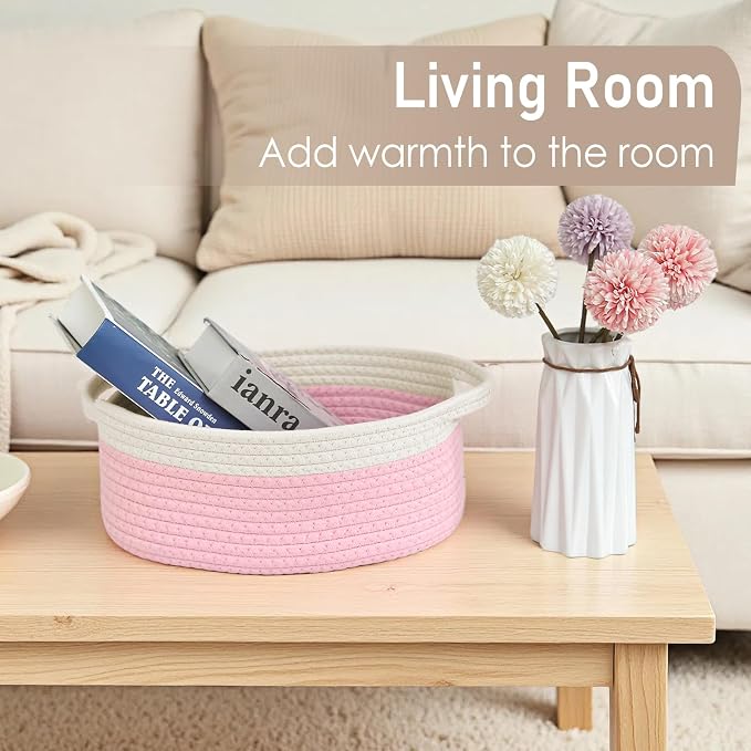 JMvicyroam Small Woven Basket, Empty Gift Basket, White&Pink/3 Pack | Small Gift Basket, Cotton Rope, 12 x 8 x 71 in, Handles, Includes Ribbon and Bag, Birthday Gift Basket - Image 7